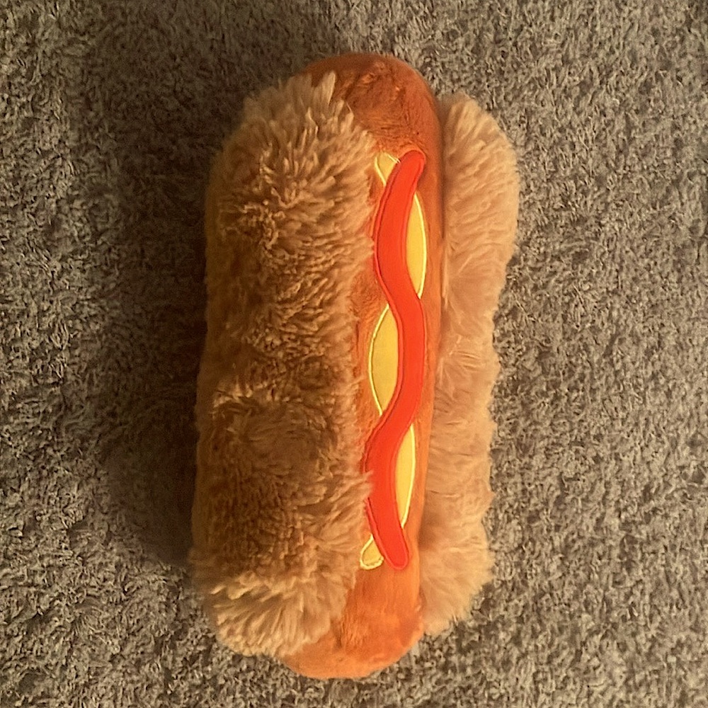 hotdog plush stuff fluffy brown red yellow squishable